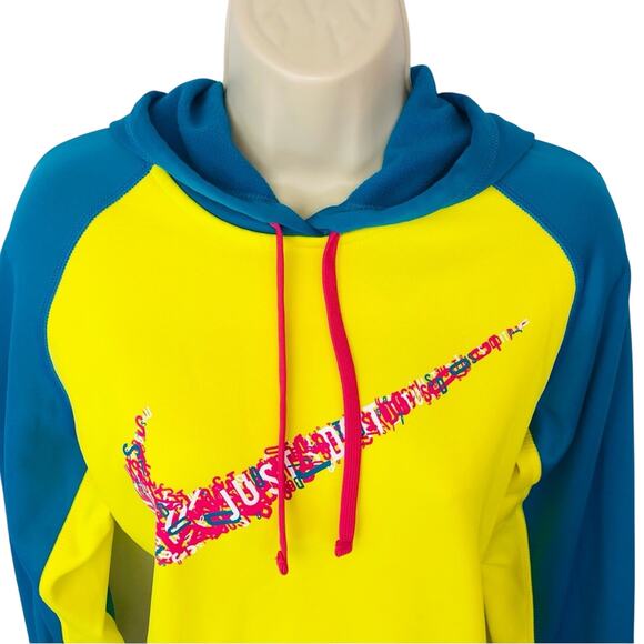 Nike Therma Fit Two Tone Yellow Turquoise Hoodie Pink Swoosh Logo - Picture 3 of 16